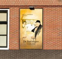 Nostalgische poster met stamgasten aan de bar op de gevel van De Postwagen